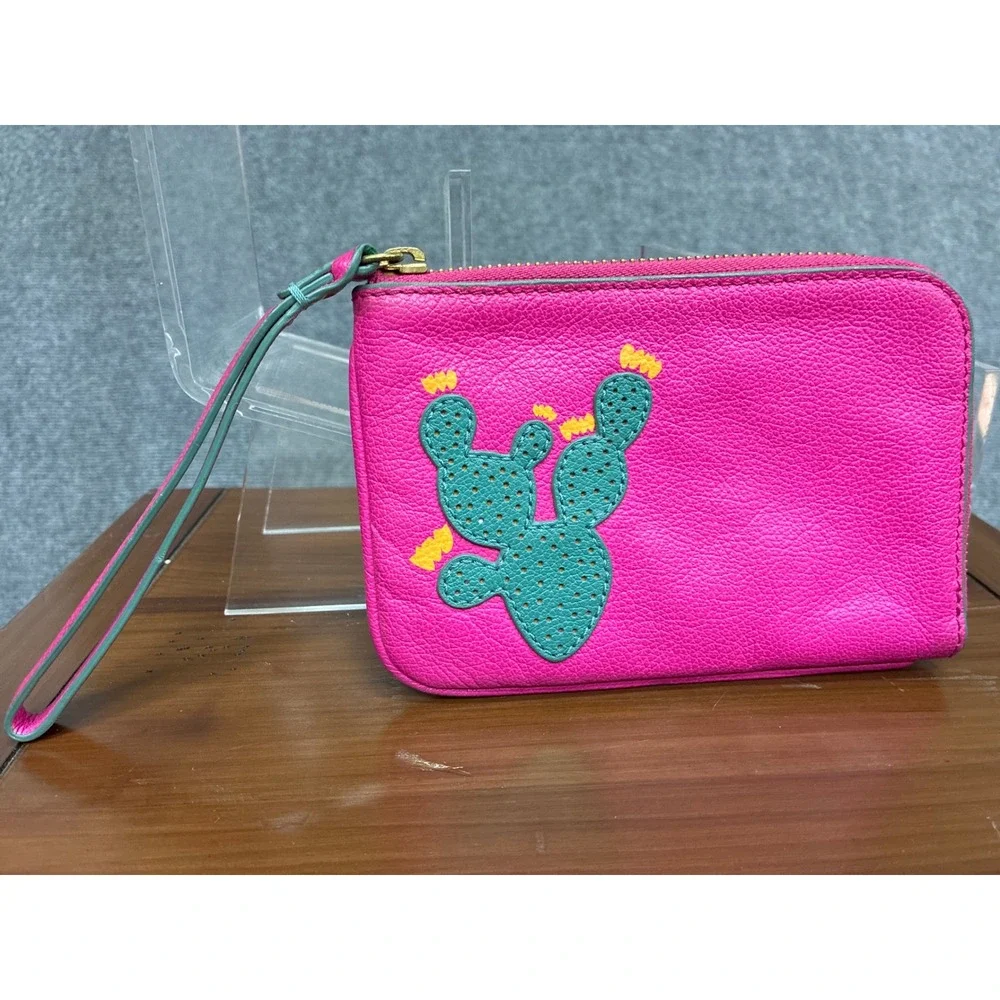 Fossil Pink Pebbled Leather Cactus Applique L-Zip Wristlet Pouch SWL1781